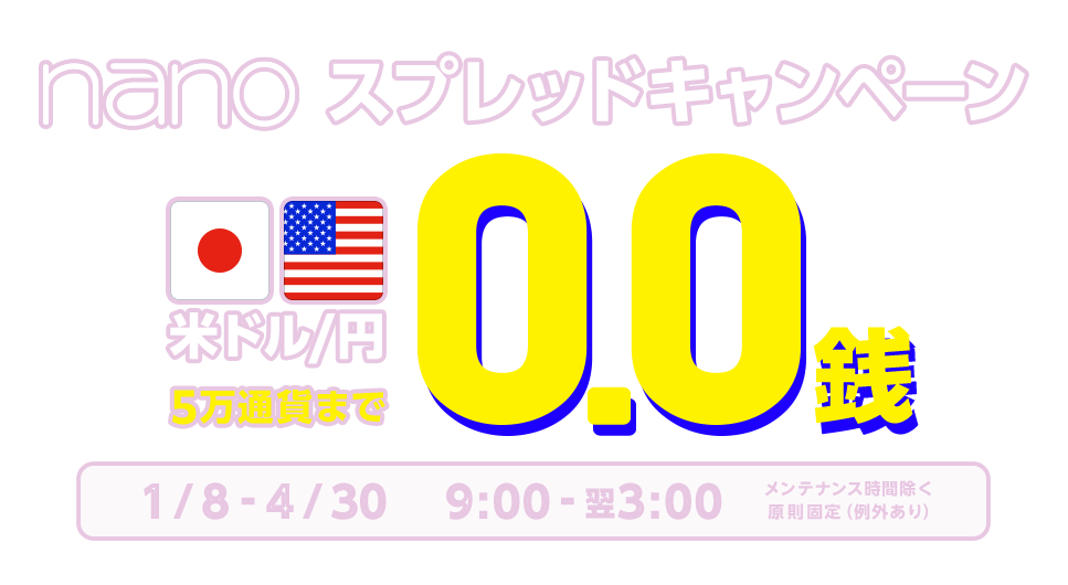 nano米ドル/円 9:00-翌3:00 5万通貨までスプレッド0.0銭キャンペーン