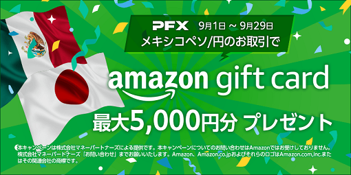 メキシコペソ/円のお取引で最大5,000円分のAmazonギフトカードプレゼントキャンペーン実施のご案内