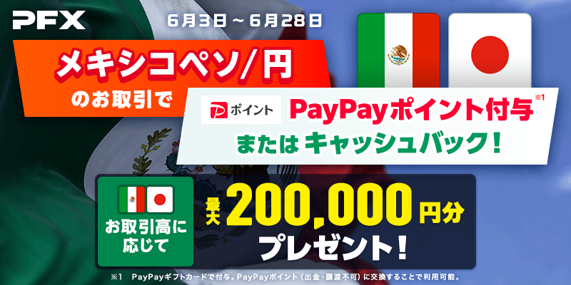 メキシコペソ/円のお取引で最大200,000円分のポイントギフトプレゼントまたはキャッシュバック