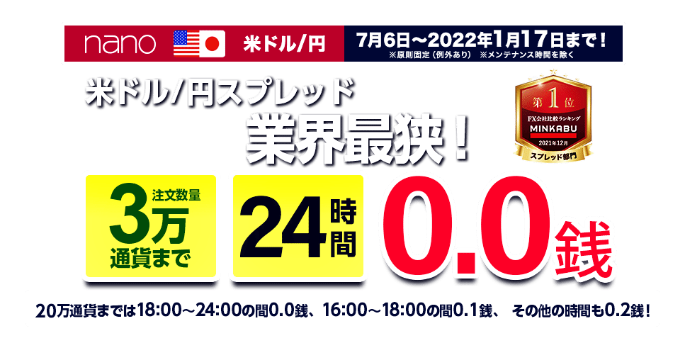 nano米ドル/円スプレッド 3万通貨までは終日0.0銭に縮小キャンペーン