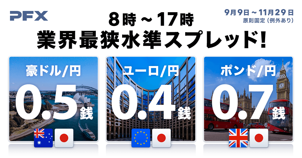 PFX 豪ドル/円・ユーロ/円・ポンド/円で8-17時に業界最狭水準スプレッドを提示!